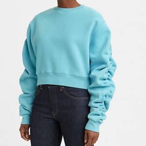 Vintage Levi's Sky Blue Riptide Ruched Sleeves Cropped Sweatshirt Women’s Size S